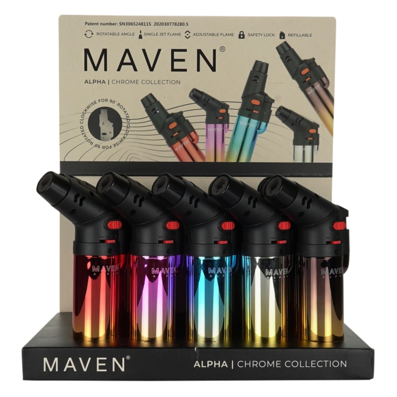 Maven Alpha Chrome Rotatable Torch Lighter 15CT Display
