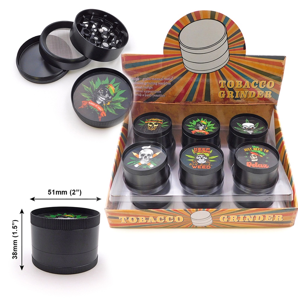 Tobacco Grinder 3 Part Black Rasta Color Top Each