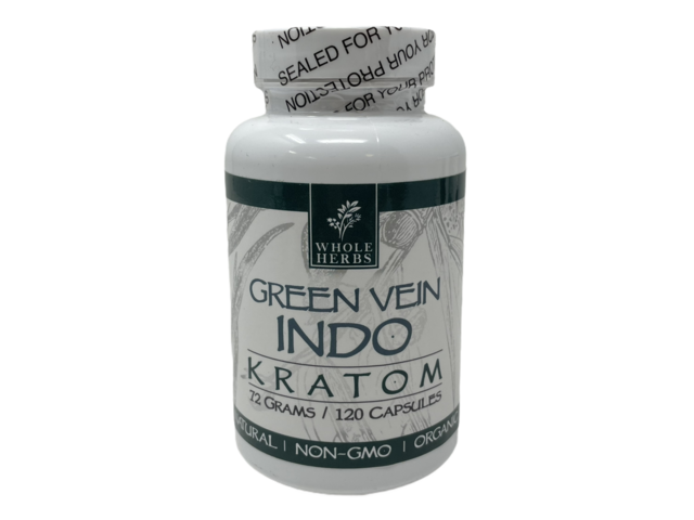 Whole Herbs Green Vein INDO Kratom 72gm/120Capsules Bottle