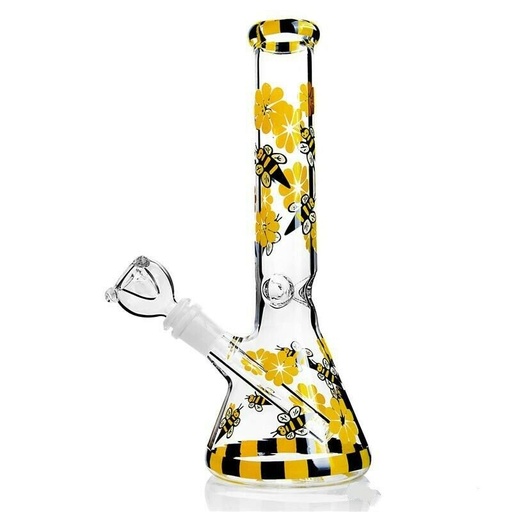 [Glass -21472] Glass Bong Glow In The Dark Bee & Flower 10"