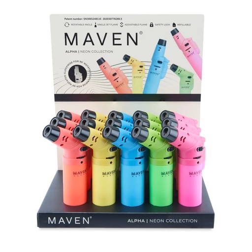 [Maven -24629] Maven Alpha Neon Rotatable Torch Lighter 15CT Display