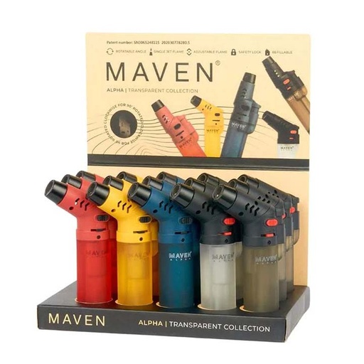 [Maven -24823] Maven Alpha Transparent Rotatable Torch Lighter 15CT Display